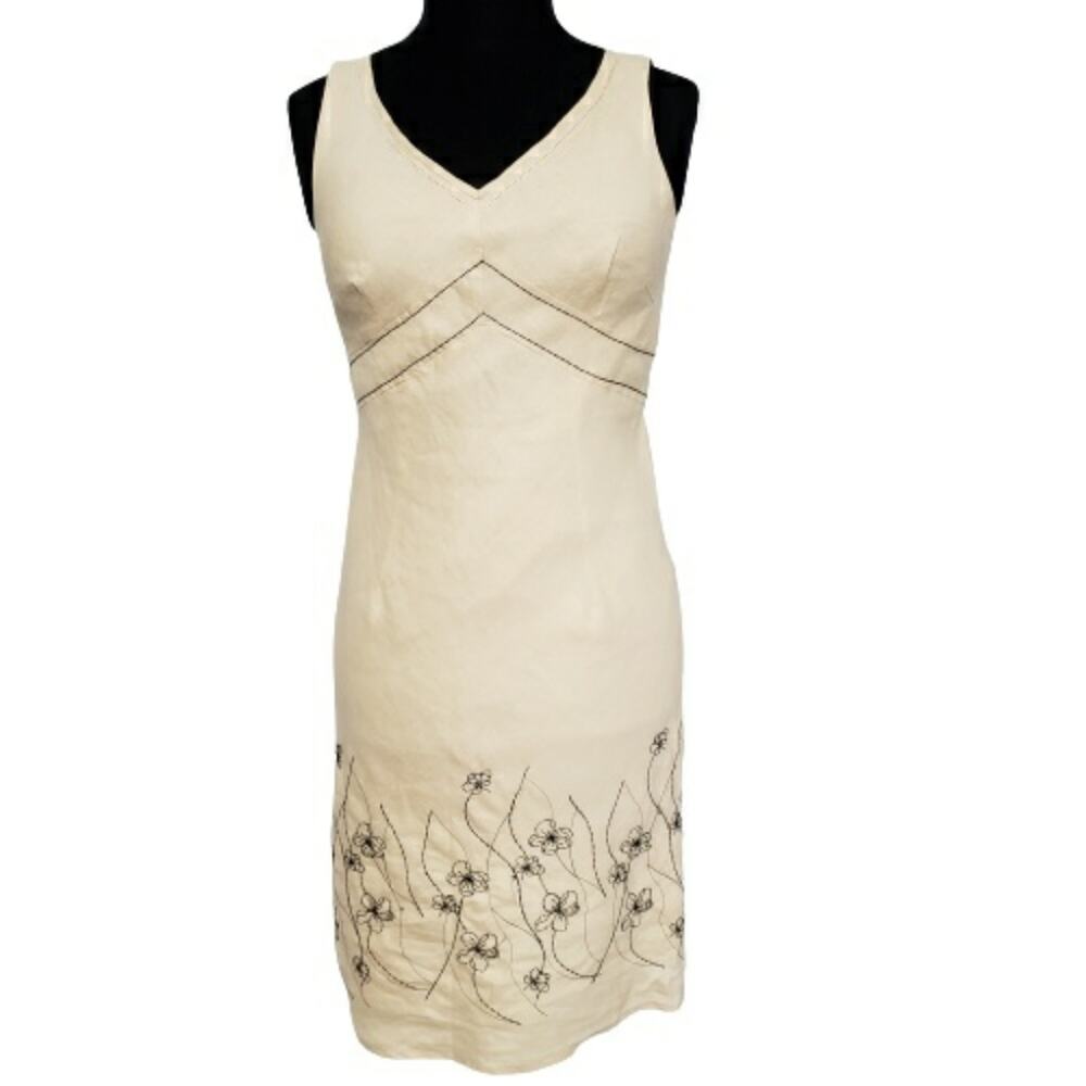 Nikki Valentine‎ Beige 100% Irish Linen Floral Embroidered V-Neck Dress Size 8